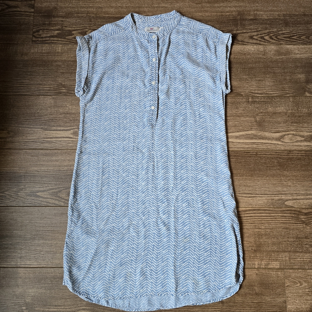 WINEYARD VINES Shirt Dress Womens M Blue Chevron Chambray Tunic Coastal Preppy